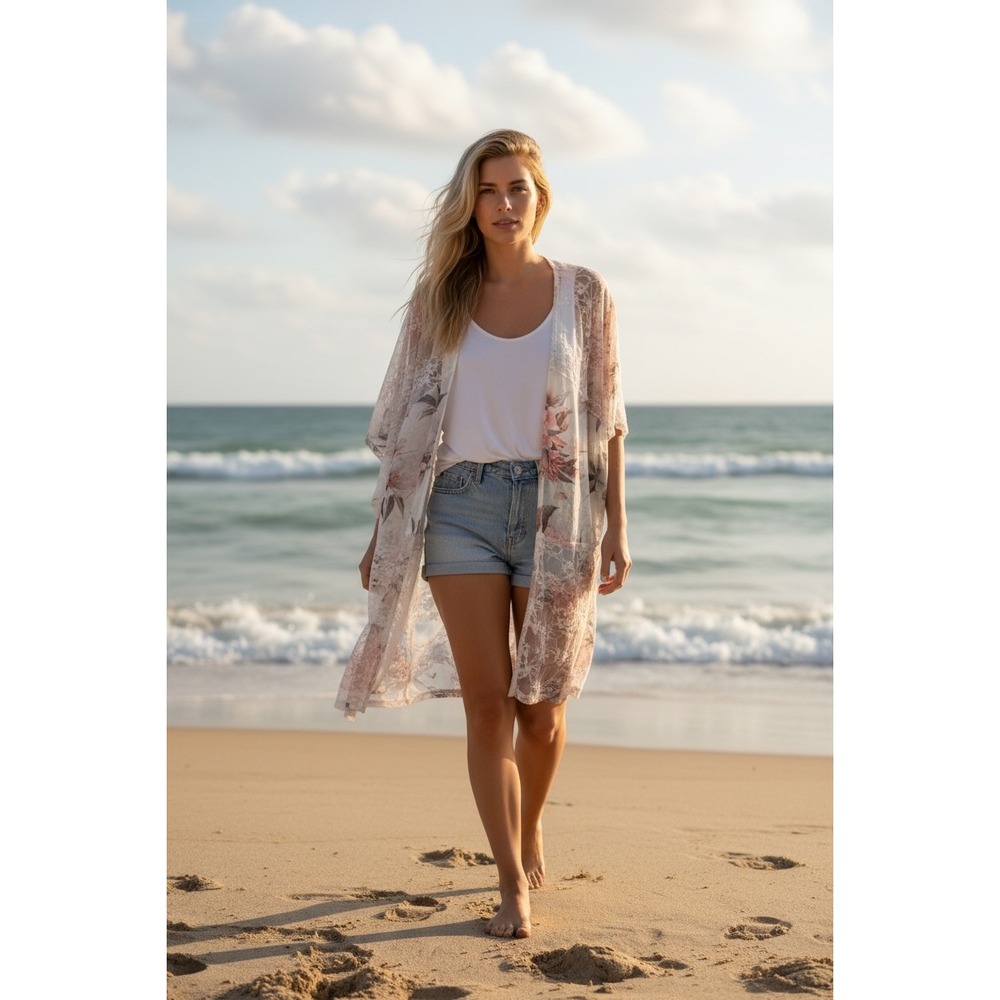 Romantic Cottagecore Sheer Lace Floral Kimono Duster Boho Whimsy L
